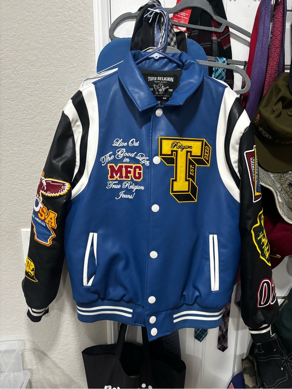 True Religion Blue and Black Varsity Patch Bomber Jacket